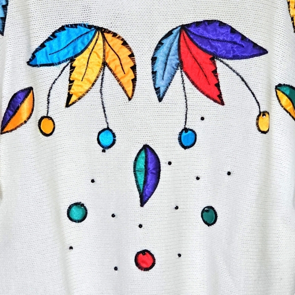 Vintage‎ V-neck Sweater Mardi Gras Beaded Womens Small Embellished White Dolman - Picture 2 of 6